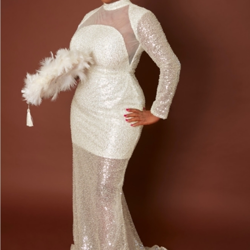 White Sequin Embellished Long Sleeve Bridal Gown